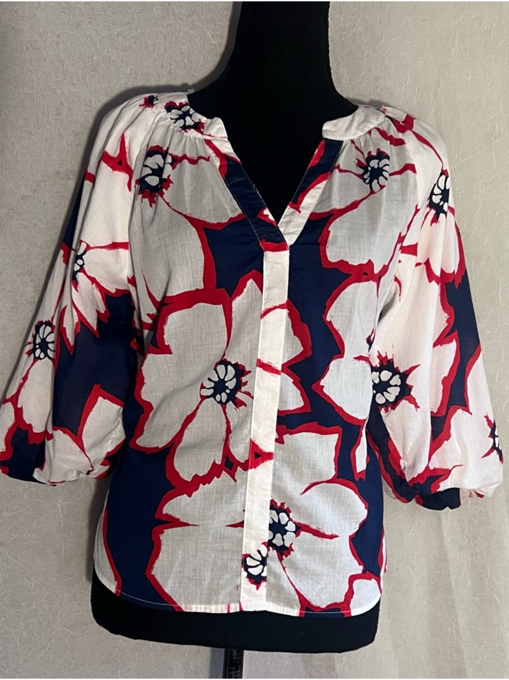 Sonoma Navy, White & Red Floral Button-Front Blouse puff sleeve